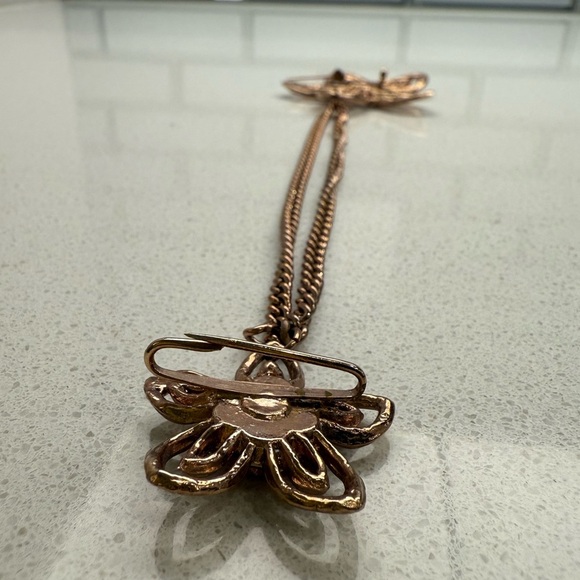 Vintage Flowers Double Brooch Sweater Chain Gold Tone Rhinestones Chatelaine - Picture 8 of 12